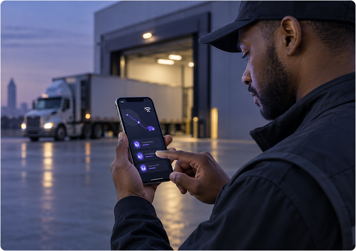 Delivery driver checking a route on a mobile app at a distribution centre dock, with a truck and the Atlanta skyline behind him