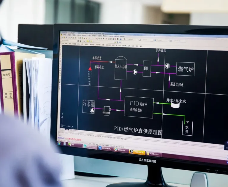 An engineer reviewing a system architecture diagram on a monitor