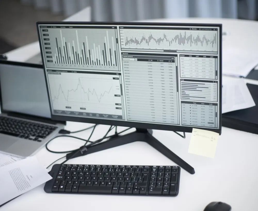 Monitors showing performance dashboards and charts on a desk