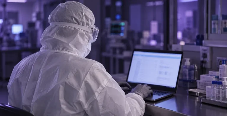 A clinician in protective clothing working at a laptop in a laboratory