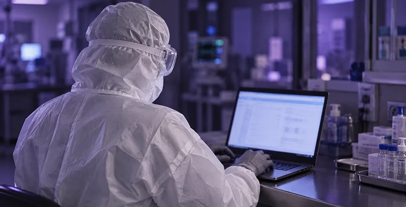 A clinician in protective clothing working at a laptop in a laboratory