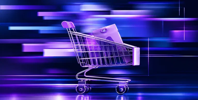 A shopping trolley in motion against a purple digital background