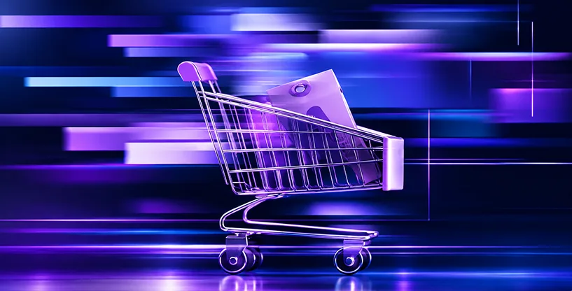 A shopping trolley in motion against a purple digital background