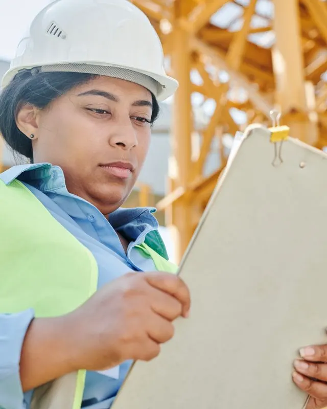 A field engineer in a hard hat reviewing notes on a clipboard on site