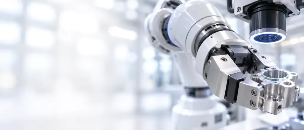 A robotic arm with a camera module, representing an automated AI agent at work