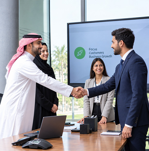 Appagentix team shaking hands with a client in a meeting room